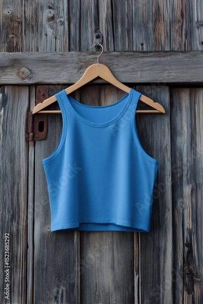 Fototapeta A blue crop top mockup hanging on a wooden hanger against a rustic wooden background. The fabric appears smooth and stretchy, ideal for casual wear or athletic activities.