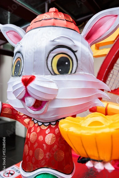 Fototapeta Rabbit decoration - Chinese New Year 2023 at the entrance of Buddha Tooth Relic Temple in Singapore