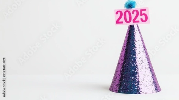 Obraz New Year's Eve party cone hat with a sign displaying the year 2025, with space for text. A festive symbol for the upcoming new year.