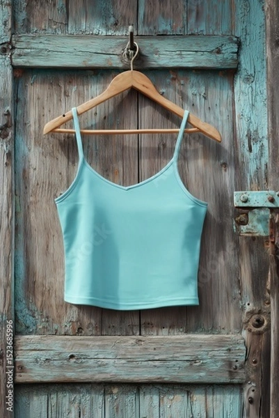 Fototapeta A light blue tank top mockup hanging on a wooden hanger against a rustic, weathered wooden door with peeling paint.