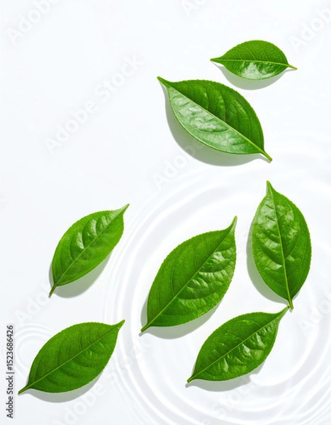 Obraz Fresh green leaves floating on clear water with gentle ripples on a white background