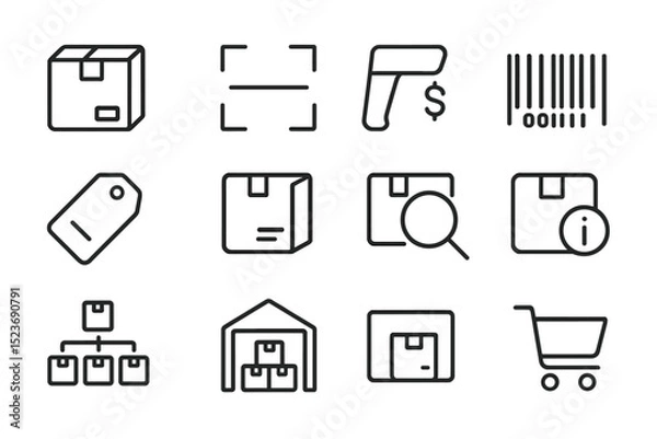 Fototapeta Warehouse icons: boxes, barcode scanner, cart, warehouse, tag, inventory, barcode