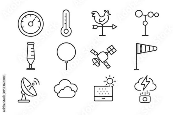 Fototapeta Weather instruments icons: thermometer, wind vane, anemometer, satellite