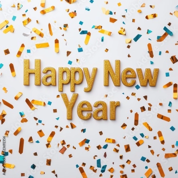 Obraz Happy New Year, Golden Letters on Scattered Confetti