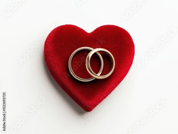 Obraz Two golden wedding rings nestled in a heart-shaped red velvet box.  A symbol of love and commitment.