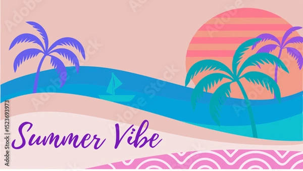 Fototapeta Illustration of a summer beach scene with palm trees, ocean waves, and a sailboat at sunset vibe