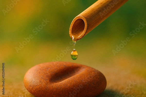 Fototapeta Macro shot of a single droplet falling from a bamboo spout onto a smooth stone with an eroded groove - Generative AI