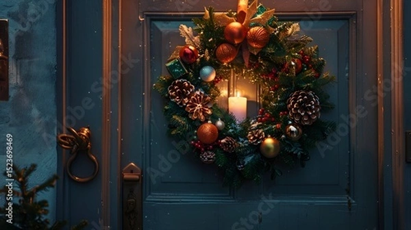Fototapeta wreath hanging on a door, adorned with Christmas balls, small presents, and a candle glowing softly.