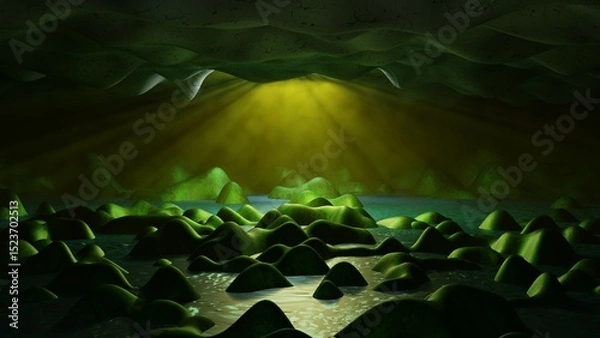 Obraz Hollow Earth underground cave ecosystem.  Ancient subterranean cave deep below Earth's surface.
Ecosystem in center of Earth. Hollow Earth theory concept. Exoplanet cave. 3d render illustration.