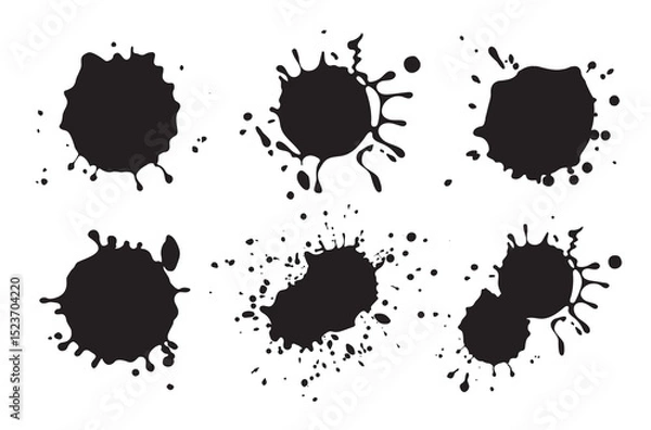 Obraz Paint splatter drops. Black ink spray, bright paint blots, abstract paint splashes flat vector illustration set. Paint splash isolated on white background. Splash splatter abstract shape.