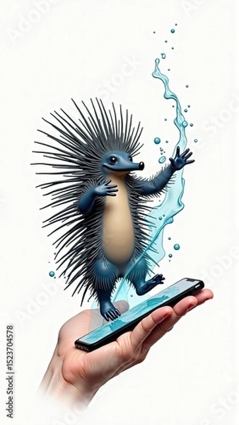 Fototapeta Whimsical echidna character emerges from a smartphone in a human hand with a splash of water.