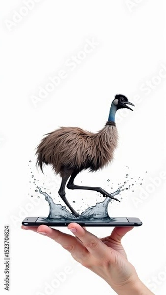Fototapeta Emu struts across a smartphone held by a human hand with water splashing around its feet