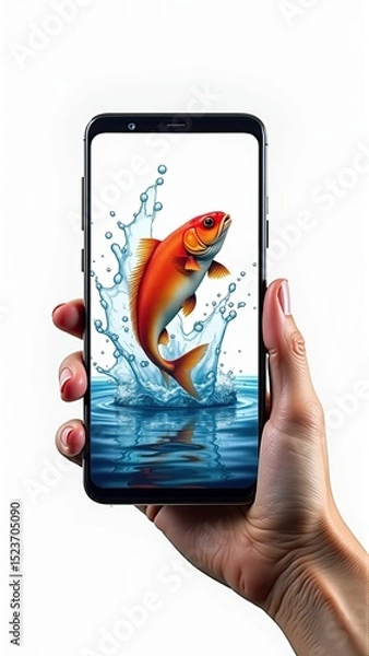 Fototapeta Hand holds phone displaying goldfish leaping from water, digitally enhanced with vibrant colors.
