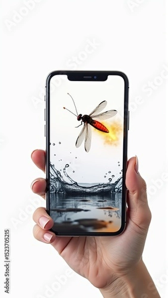 Fototapeta A hand holds a phone displaying a dragonfly hovering above water, a dynamic nature scene, art