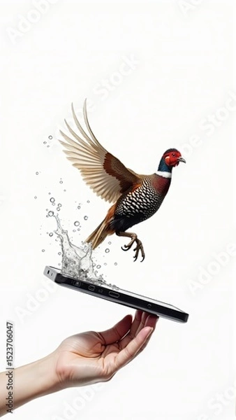 Fototapeta Elegant pheasant taking flight with splash of water from phone held by hand, isolated on white