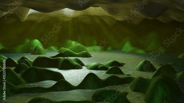 Obraz Hollow Earth underground cave ecosystem.  Ancient subterranean cave deep below Earth's surface.
Ecosystem in center of Earth. Hollow Earth theory concept. Exoplanet cave. 3d render illustration.
