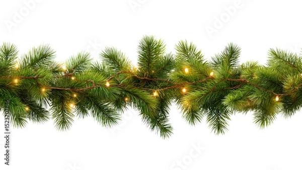 Fototapeta Christmas pine garland with glowing fairy lights, isolated on a Transparent background, PNG file. background, festive and detailed holiday decor, ultra-realistic needles and light reflections