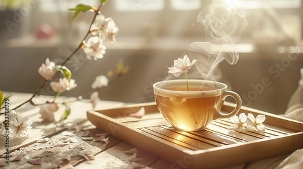 Obraz A cup of steaming green tea, with a blooming flower inside, on a wooden tea tray.