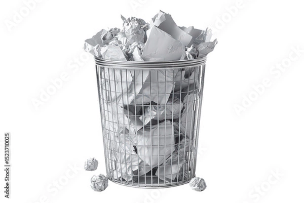 Fototapeta  Overflowing trash bin filled with crumpled paper, isolated white background, symbol of waste, overproduction, and discarded ideas
