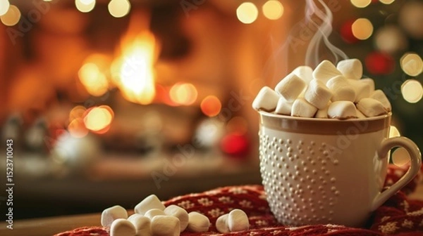 Fototapeta A steaming cup of hot chocolate topped with marshmallows, on a cozy fireplace mantel.