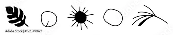 Obraz Set of five natural icons isolated on  white background. In black and white, leaves and abstract shapes. Environment, nature, flora. Decoration for postcards, posters, business cards, invitations.