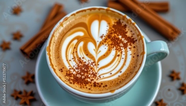 Obraz A beautifully crafted latte with cinnamon and latte art in a blue cup, accompanied by cinnamon sticks and star anise.