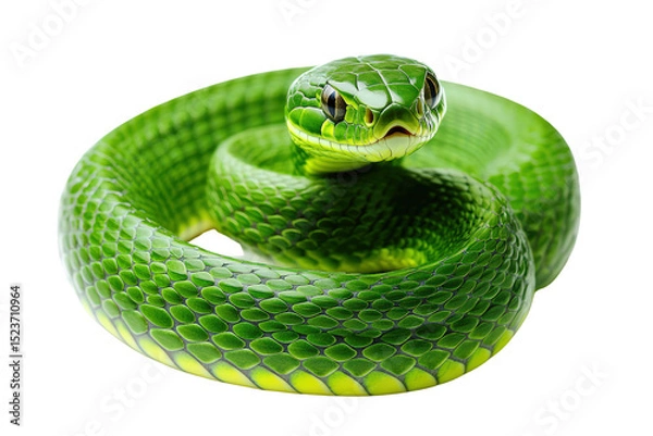 Fototapeta Green snake coiled up with shiny scales, alert expression and forked tongue, exotic reptile often found in rainforests.

