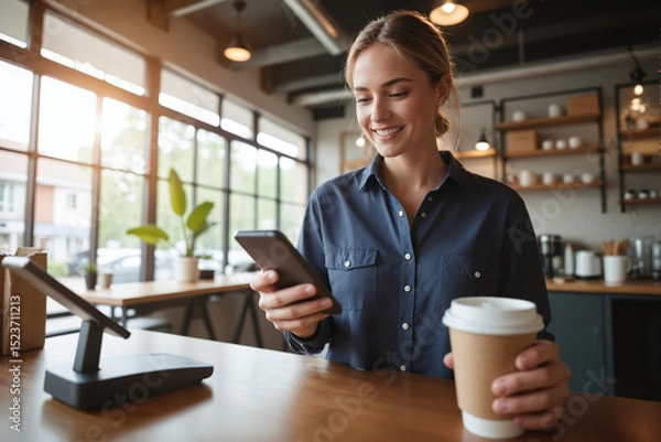 Fototapeta Woman Scanning QR Code Menu in Cafe – Smartphone Digital Payment Technology for Customer Shopping Experience, E-Commerce, and Online Ordering Solutions