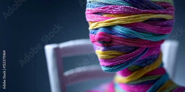 Obraz Head wrapped in colorful threads, faceless identity. copy space