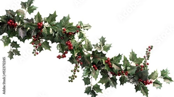 Obraz A close-up of a Christmas garland adorned with holly leaves and berries, arranged in a cascading pattern, isolated on white.