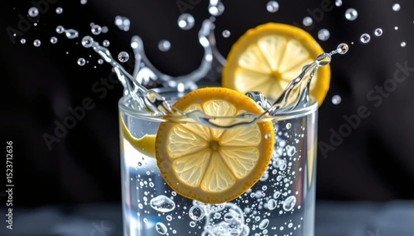 Fototapeta Lemon slices splashing into a glass of water, creating dynamic water droplets and bubbles against a dark background.