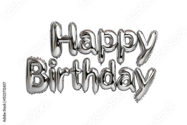 Fototapeta Silver metallic happy birthday balloon letters floating isolated over white space for festive celebration.

