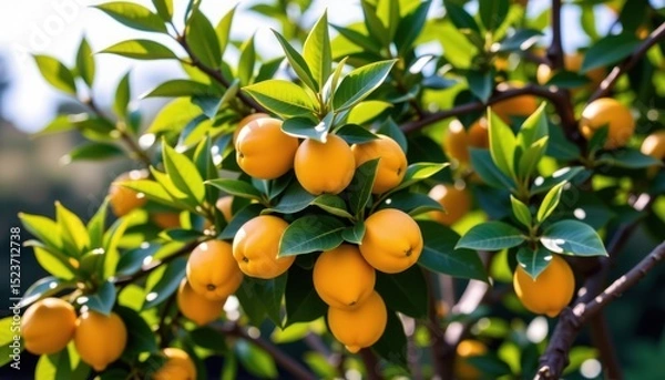Fototapeta A branch with clusters of ripe yellow fruits and glossy green leaves in bright sunlight.