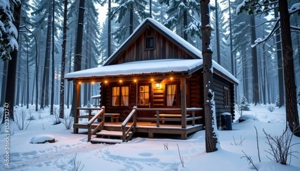 Fototapeta A small wooden cabin with warm lights glows in a snowy forest surrounded by tall pine trees in winter.