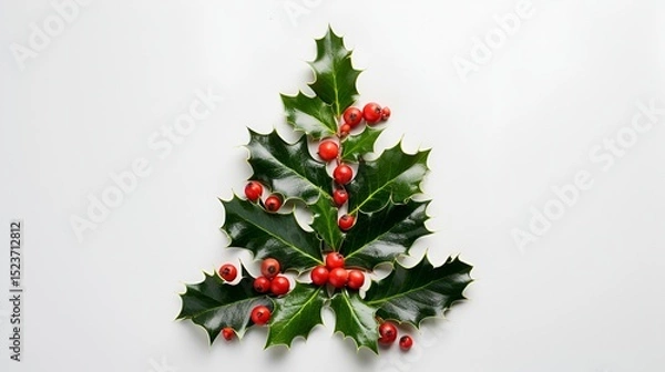 Obraz A detailed shot of holly leaves and berries arranged in the shape of a Christmas tree, isolated on a white background.