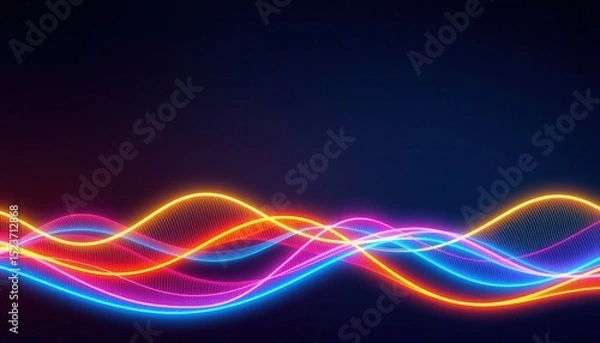 Fototapeta Vibrant neon colored waves flow across a dark background, creating a dynamic, glowing visual effect.