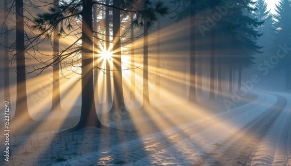 Fototapeta Sunlight streams through misty pine trees onto a snowy forest path, creating dramatic rays and a tranquil winter scene.