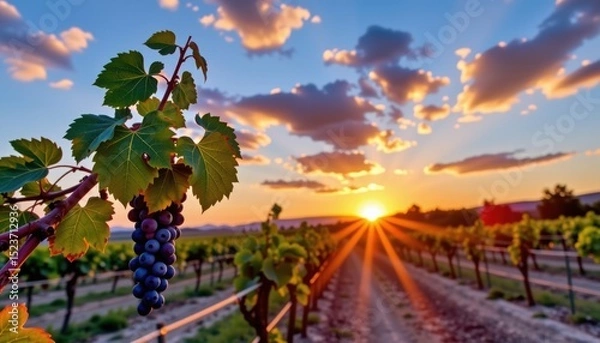 Fototapeta A vibrant vineyard at sunset, with grape clusters in the foreground and sun rays illuminating rows of grapevines.