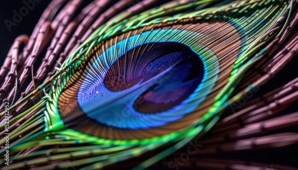 Fototapeta Close-up of a vibrant peacock feather showing intricate patterns and vivid colors.