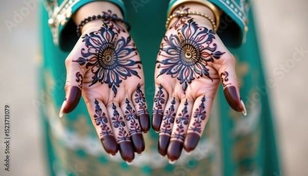 Fototapeta Intricate henna designs adorn open hands, showcasing detailed floral patterns and traditional artistry.