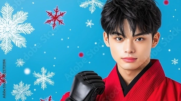 Fototapeta Young man in red kimono, snowflakes falling on him, light blue background. Winter festive mood. Close up portrait