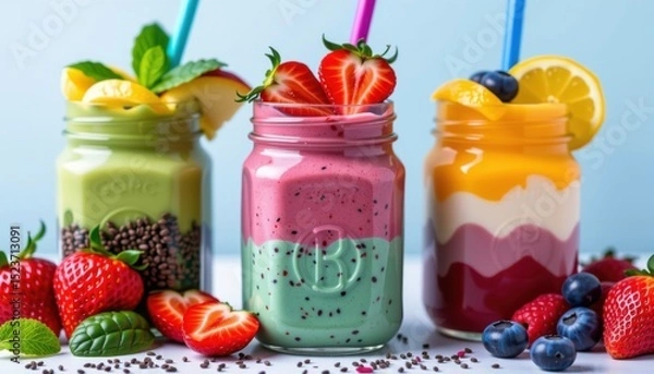 Fototapeta Three colorful fruit smoothies in mason jars, garnished with fresh berries, mint, and lemon, are surrounded by vibrant fruits on a bright surface.