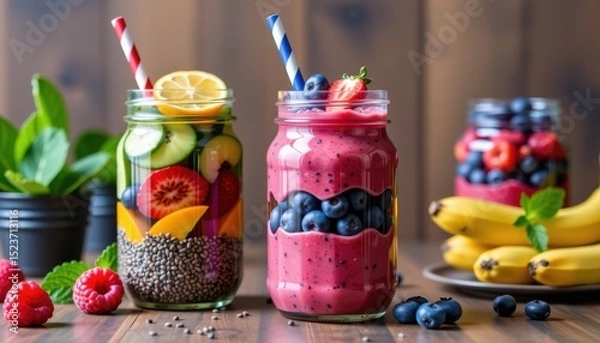 Fototapeta Three colorful fruit smoothies and infused water in jars with straws, surrounded by fresh fruits on a wooden table.