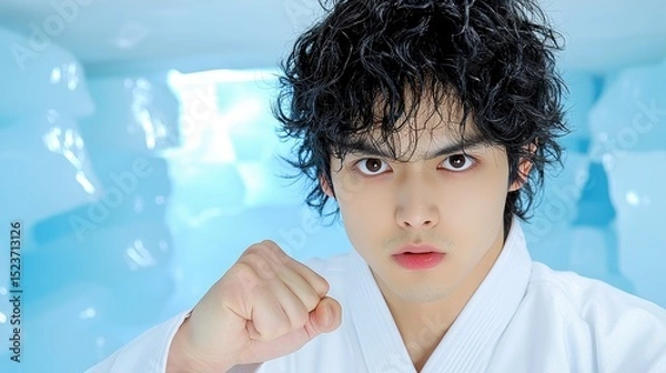 Fototapeta Close up portrait of a young man with dark curly hair, wearing a white karate gi, against a blurred icy blue background. He has a serious expression