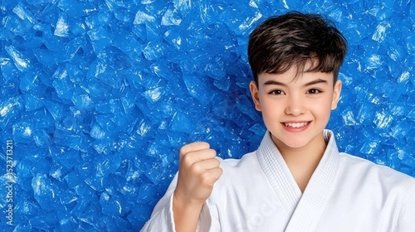 Fototapeta Smiling boy in a white karate gi poses with a clenched fist against a blue ice background. He is centered in the frame and looking at the camera. The