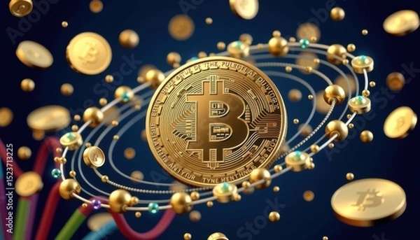 Fototapeta A golden Bitcoin surrounded by smaller coins and digital elements, symbolizing cryptocurrency and digital finance.