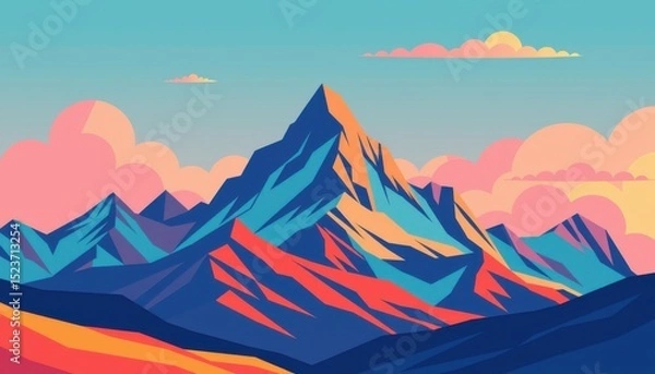 Fototapeta A vibrant, stylized illustration of a mountain range with colorful clouds and bright abstract hues in the sky.