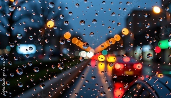 Fototapeta Raindrops on a car window with blurred city lights and traffic in the background during dusk.