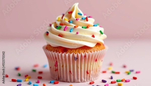 Fototapeta A vanilla cupcake topped with swirled white frosting and colorful sprinkles sits on a pink background.