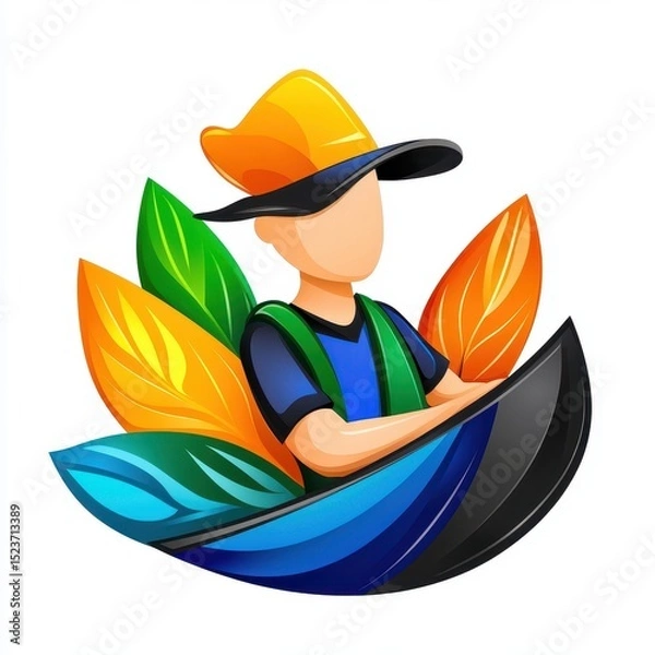 Fototapeta Illustration of faceless person in hat surrounded by colorful leaves, sitting in a boat like shape against white background